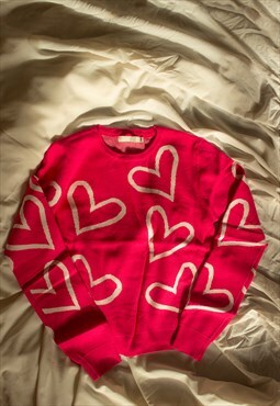 Pink Slim Fit Heart Print Knit Jumper