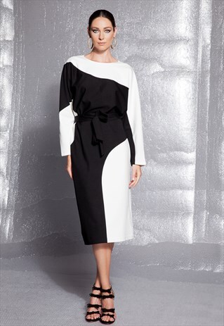BLACK AND WHITE DRESS/ MIDI DRESS/OVERSIZED DRESS/FALL DRESS