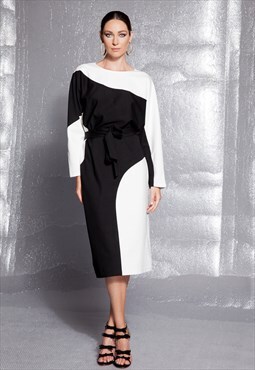 Black and white dress/ Midi dress/Oversized dress/Fall dress