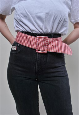 Wide check belt, plaid retro belt LARGE size big buckle red 