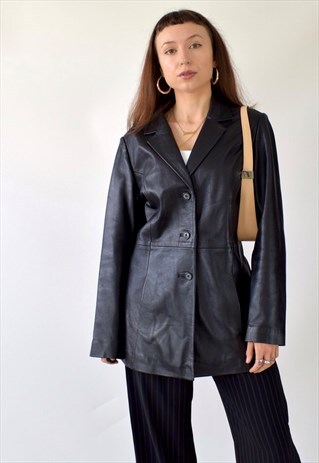 VINTAGE 1990S BLACK LEATHER MID LENGTH BLAZER JACKET