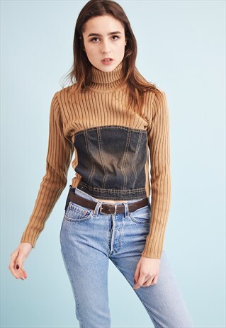 90'S RETRO RIBBED KNIT DENIM DETAILING TEEN CROP JUMPER TOP