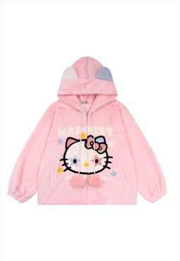 Anime hoodie Hello Kitty print pullover Kawaii top in pink