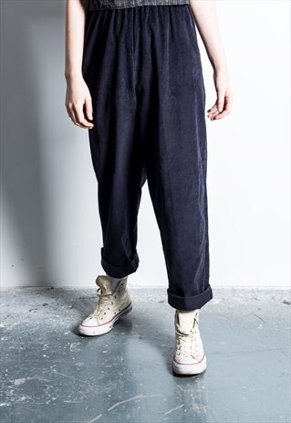 VINTAGE 1990S NAVY BLUE CORDUROY HIGH-WAISTED TROUSER
