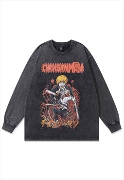 Chainsaw man t-shirt vintage wash long anime tee in grey