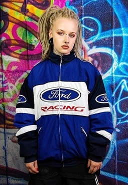 Racing jacket retro Ford motorcycle varsity bomber in blue