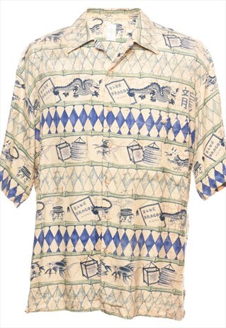 VINTAGE PALE YELLOW & BLUE DRAGON DESIGN 1990S SHIRT - M
