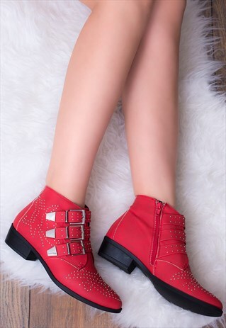 SAMARA WESTERN MULTI BUCKLE PIN STUD ANKLE BOOTS - RED