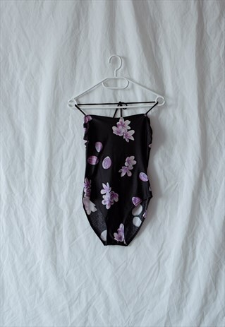 Vintage Floral Printed Halter Neck Swimsuit in Black XS