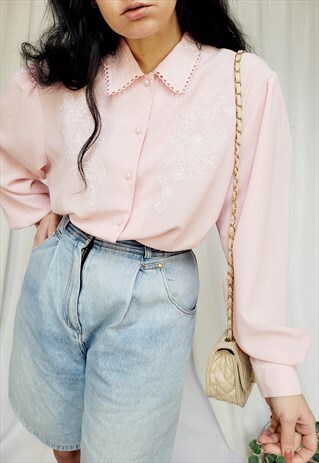 VINTAGE 80S PASTEL PINK EMBROIDERED MINIMALIST SHIRT BLOUSE