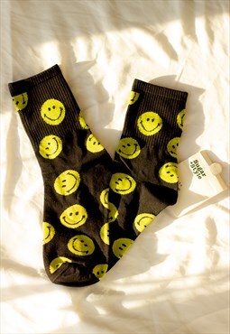 Black Yellow All Over Smiley Face Print Socks