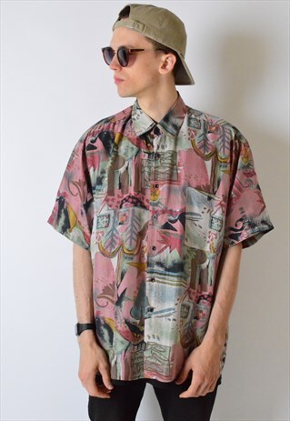 VINTAGE 80S ABSTRACT SHORT SLEEVE SILK SHIRT