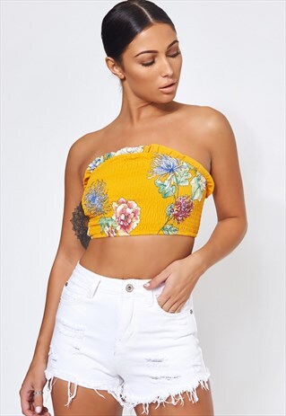 MUSTARD FLORAL PRINT BANDEAU TOP