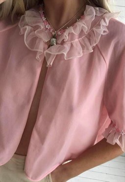 Vintage 60s Baby Pink Bed Blouse With Frilly Ruffle Trim