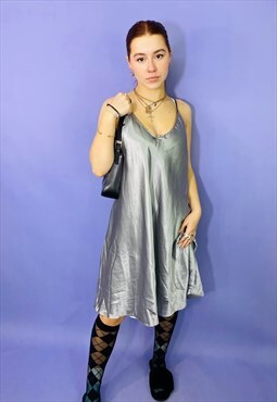 Vintage 90s Silver Satin Mini Slip Dress