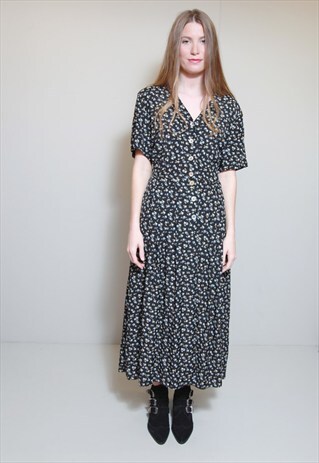 VINTAGE 1990'S NAVY BUTTON UP DITSY FLORAL PRINT MAXI DRESS