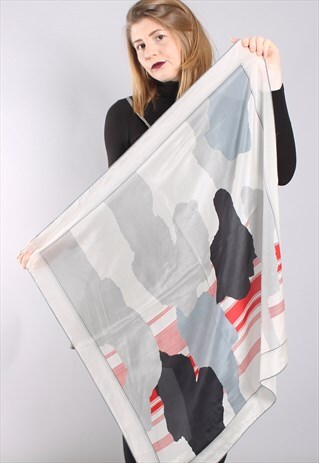 VINTAGE 60S ABSTRACT GREY PATTERNED SILK SCARF