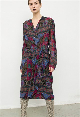 VINTAGE MIDI DRESS MULTI COLOR ABSTRACT PATTERN LONG SLEEVED