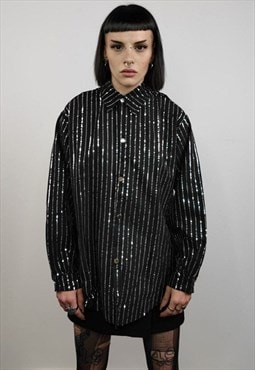Metallic glitter shirt long sleeve striped blouse grunge top