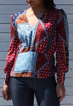 Vintage multi color paisley patch print boho hippie blouse.