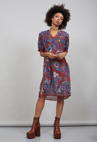 70'S CANDY RED AND PURPLE FLORAL INDIAN BOHO DRESS