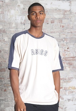 VINTAGE ASICS BIG LOGO SPELLOUT T-SHIRT CREAM