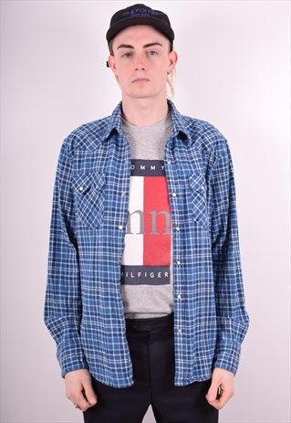 LEVI'S MENS VINTAGE FLANNEL SHIRT LARGE BLUE CHECK 90S