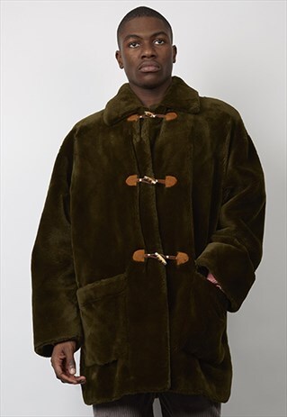VINTAGE OVERSIZED 80'S DARK GREEN FAUX FUR DUFFLE COAT