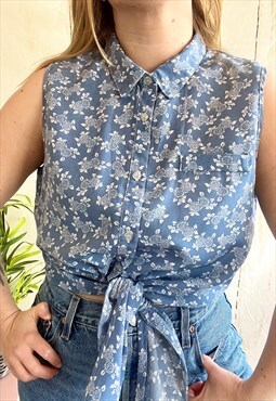 Vintage Plus Size Blue Floral Collared Shirt 90's Tie Top