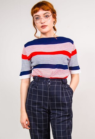 VINTAGE 70'S BLUE & RED STRIPED KNIT RIBBED TOP