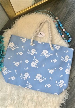 Blue Floral Canvas Beach Bag