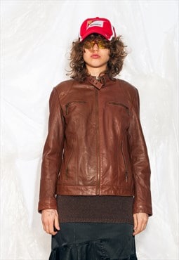 Vintage Y2K Racer Leather Jacket in Brown
