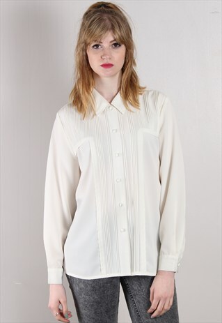 VINTAGE 80S CREAM PLEAT DETAIL BLOUSE SHIRT TOP