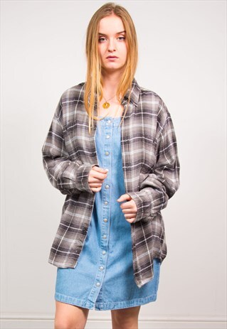VINTAGE 90'S GREY CHECKED OVERSIZED FLANNEL SHIRT