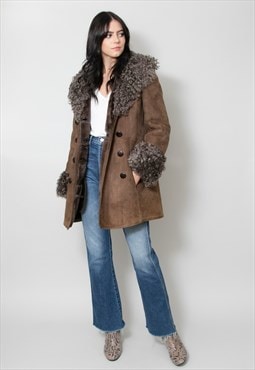 70's Vintage Ladies Coat Brown Suede Shearling Penny Lane