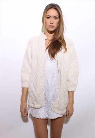 VINTAGE 1970'S 70'S CHUNKY KNIT WHITE THICK CARDIGAN M-L