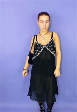 Vintage 90s Black Sheer Embroidered Frill Slip Dress