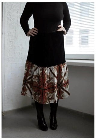 VINTAGE 80'S BLAC VELVET PATTERNED RUFFLE BOTTOM SKIRT