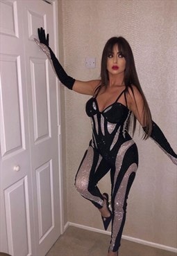 Crystal spiral mesh catsuit and gloves
