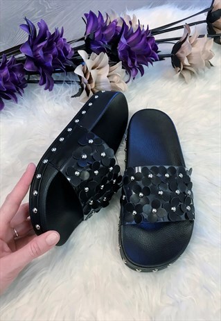 Black Flower Studded Slide Sandals