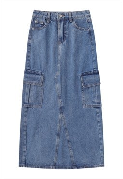 Maxi denim skirt cargo pocket vintage wash bottoms in blue