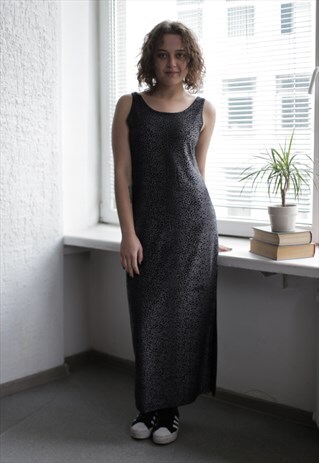 VINTAGE 80'S MAXI SILVER ANIMAL PRINT SLEEVELESS DRESS