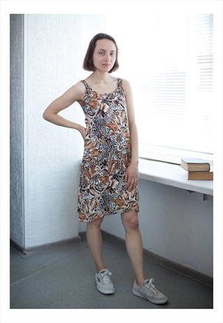 VINTAGE 90'S MINI RAYON TIGER PRINT SLEEVELESS DRESS IN BROW