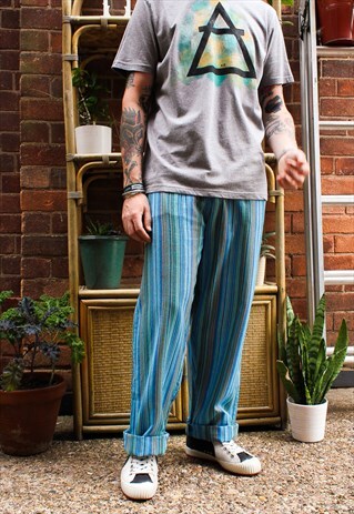 FAIRTRADE AQUA BLUE STRIPED COTTON TROUSERS