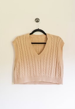 y2k Beige Cable Knit V Neck Cropped Sweater Vest