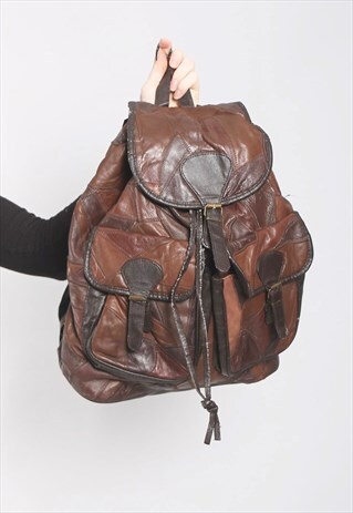 VINTAGE 90S LARGE PATCHWORK LEATHER BACKPACK IN BROWN