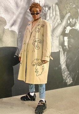 Handpainted vintage trench coat with multi faces