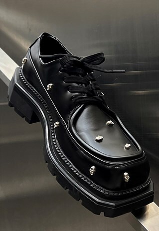 Square toe Gothic shoes skull embellished platform brogues 