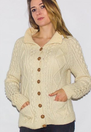 VINTAGE IRISH PURE WOOL KNITTED ARAN CARDIGAN