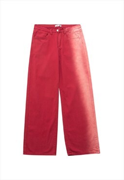 Washed out jeans faded denim wide pants in red